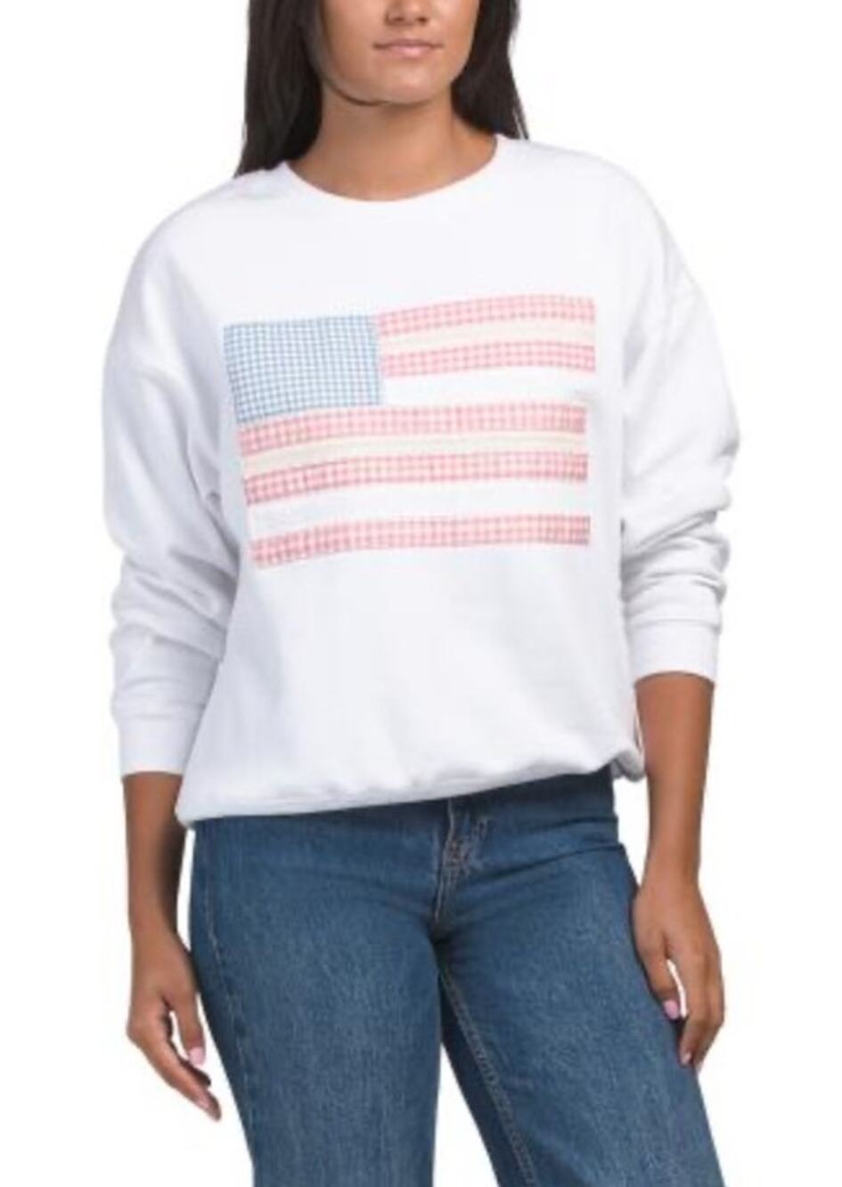 LAZY SUNDAY Fleece USA American Flag Patched Crewneck White Sweatshirt Small NEW